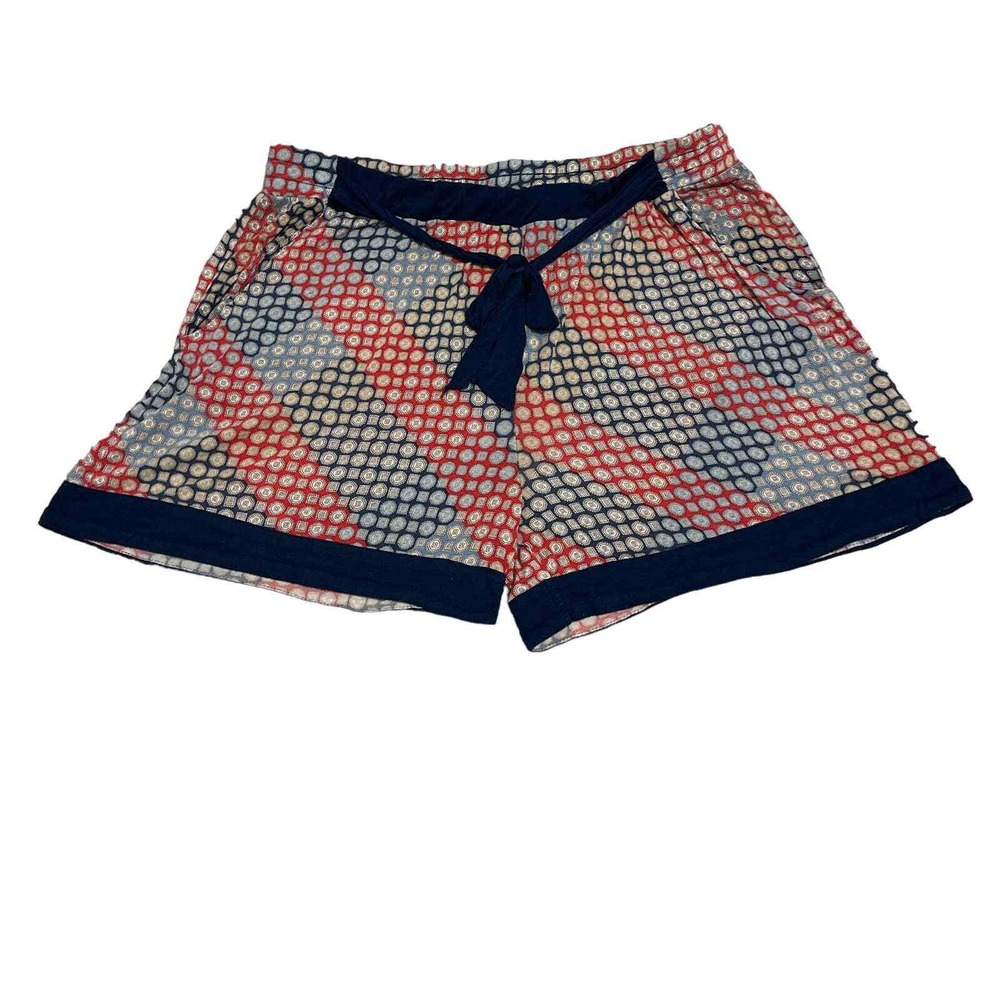 Geometric Tile Print Shorts Navy Red Cream Elastic Waist Tie Front Casual Summer
